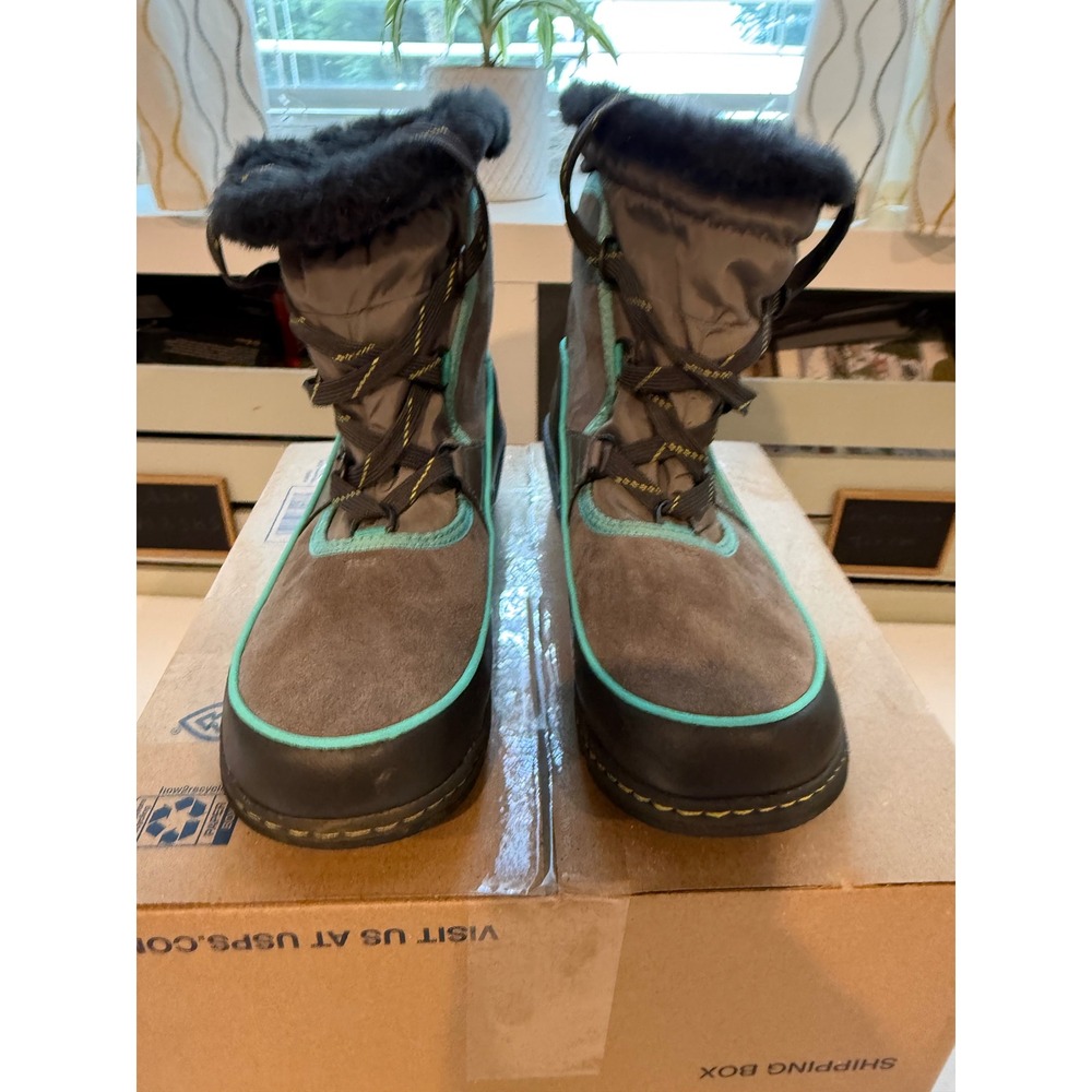 Sorel Waterproof Winter Boots Grey Teal Faux Fur Trim Lace Up Snow Boots Women 7